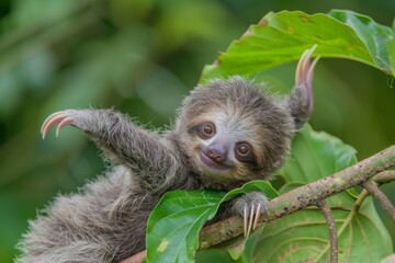 Canvas Print - Baby Three-toed Tree Sloth reaches out for a branch, Costa Rica