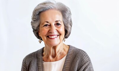 Canvas Print - Group portrait video of a pleased woman in her 90s that is wearing a chic cardigan against a white background