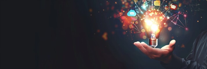 Poster - Futuristic technology concept with a light bulb and digital elements, symbolizing innovation and tech solutions for the future. Represents creativity and progress in the digital age