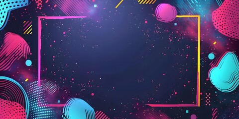 Poster - Vibrant Retro Neon Frame With Abstract Geometric Shapes On Dark Background