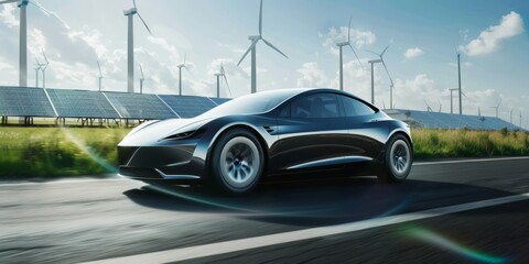 Aufkleber - A sleek electric vehicle is powered by wind turbines, blending sustainable technology with ecofriendly transportation. It represents an advanced approach to clean energy and efficient travel