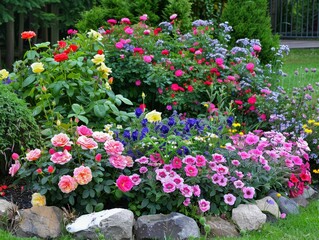 Wall Mural - Vibrant Blooms: A Stunning Garden Display of Colorful Rose Flower Bed, Mixed Bulbs, and Petunias in