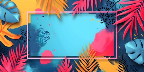 Poster - Vibrant Geometric Frame with Abstract Tropical Patterns on Colorful Background