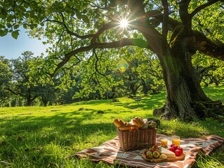 a picnic basket sits under a large tree in a sunny meadow.