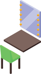 Poster - Makeup artist furniture including a mirror with light bulbs, a chair and a table, isometric view