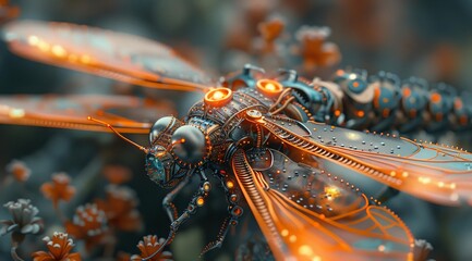 Poster - A mesmerizing digital artwork showcasing a futuristic, intricately designed, mechanical dragonfly. The insect's metallic exoskeleton and glowing orange veins on its wings create an ethereal and othe