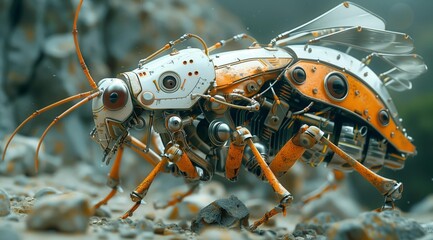 Aufkleber - A close-up image of a steampunk insect. The insect is made of metal and gears, and it has a rusty, aged look. It is standing on a rocky surface. The insect's wings are folded, and its eyes are large