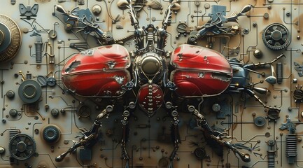 Poster - A detailed 3D rendering of a steampunk beetle, with intricate gears, pipes, and other mechanical details. The beetle is made of metal and has a red body and gold accents. It is set against a backgro