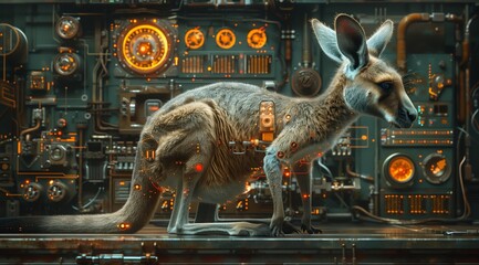 Poster - A close-up shot of a cyborg kangaroo standing in a futuristic laboratory. The kangaroo is covered in glowing orange wires and circuits, highlighting its technological enhancements. The background fe