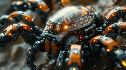 Poster - A close-up shot of a futuristic mechanical spider robot. The robot is made of metal and has a sleek, modern design. It has multiple legs and arms with orange and black detailing. The robot's eyes ar