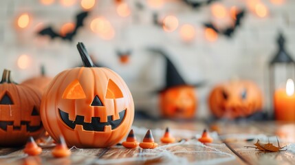 Sticker - Halloween Jack-o-lantern with Candy Corn and Spiderwebs.