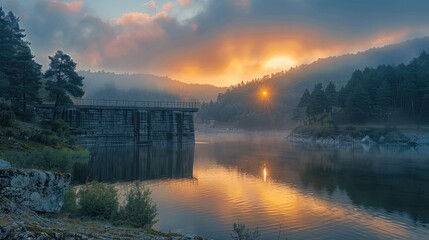 Wall Mural - Sunrise Over a Misty Lake and Dam