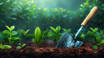 Poster - Illustration of a trowel in use digging into rich, dark soil with plants in the background centered with empty space around the edges Stock Photo with copy space