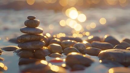 Wall Mural - Zen Balance Stacked Stones with Sunset Beach Background for Nature Peaceful Serenity Meditation Concept.