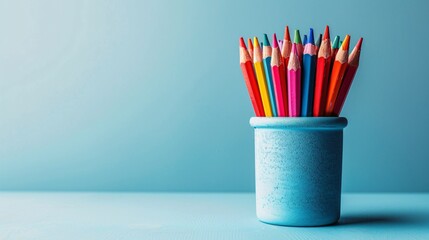 Poster - Detailed illustration of colorful pens and pencils neatly arranged in a desk organizer centered with significant empty space on the left Stock Photo with copy space