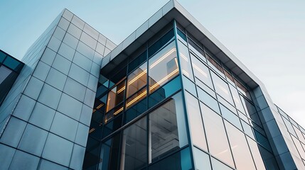 Poster - Modern office building with glass facade for futuristic urban apartment and sleek skyscraper architectural design concept.