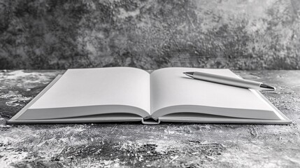 Poster - High-detail depiction of an open notebook with handwritten notes and a pen placed diagonally across the pages centered with significant empty space on the right Stock Photo with copy space