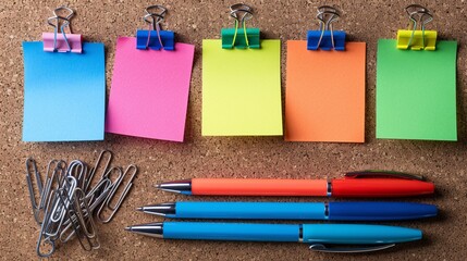 Poster - High-detail illustration of colorful sticky notes stuck on a corkboard with pens and paper clips below centered with significant empty space on the right Stock Photo with copy space