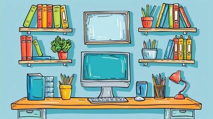 Poster - Detailed drawing of a home office environment with a computer, notebook, and various office supplies arranged neatly centered with significant empty space on the left Stock Photo with copy space