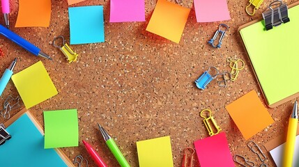 Poster - High-detail illustration of colorful sticky notes stuck on a corkboard with pens and paper clips below centered with significant empty space on the right Stock Photo with copy space