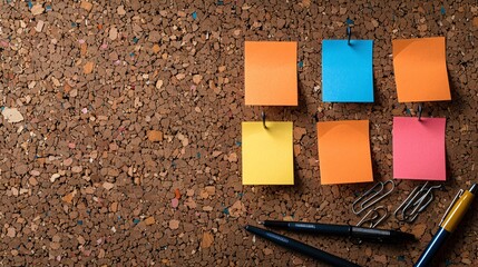 Poster - High-detail illustration of colorful sticky notes stuck on a corkboard with pens and paper clips below centered with significant empty space on the right Stock Photo with copy space