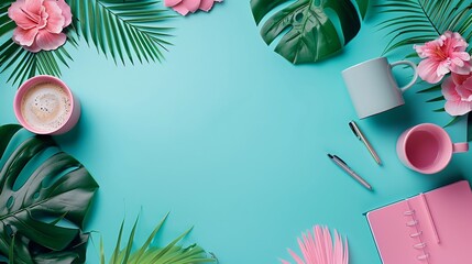 Poster - Detailed depiction of a tidy office desk with a planner, coffee mug, and various stationery items centered with empty space around the edges Stock Photo with copy space