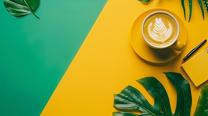 Poster - Detailed depiction of a tidy office desk with a planner, coffee mug, and various stationery items centered with empty space around the edges Stock Photo with copy space
