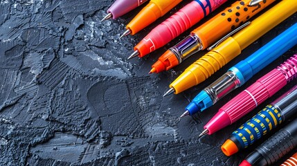 Poster - High-detail drawing of colorful pens, pencils, and highlighters laid out in a flat lay style centered with significant empty space on the right Stock Photo with copy space