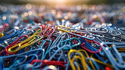 Poster - High-detail illustration of paper clips and binder clips arranged in a tidy pile on a desk centered with significant empty space on the right Stock Photo with copy space