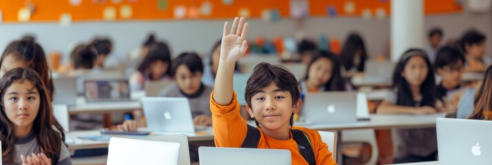 Poster - In a modern classroom, students attentively use laptops for learning in a bright and organized space. The environment promotes interactive learning, encouraging student participation and curiosity
