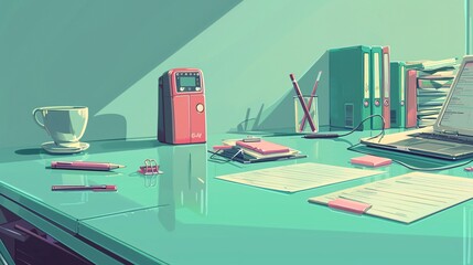 Poster - High-detail drawing of a traditional office setup with a stapler, binder clips, and sticky notes centered with significant empty space on the right Stock Photo with copy space