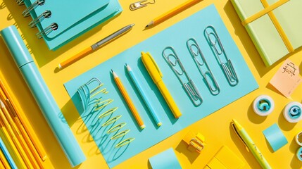 Poster - High-detail drawing of a traditional office setup with a stapler, binder clips, and sticky notes centered with significant empty space on the right Stock Photo with copy space