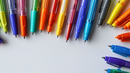 Poster - Illustration of colorful pens and highlighters arranged in a flat lay style on a desk centered with empty space around the edges Stock Photo with copy space