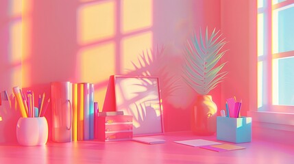 Poster - High-detail illustration of an office setup with a desk organizer containing pens, pencils, and sticky notes centered with significant empty space on the right Stock Photo with copy space