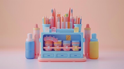 Poster - High-detail illustration of an office setup with a desk organizer containing pens, pencils, and sticky notes centered with significant empty space on the right Stock Photo with copy space