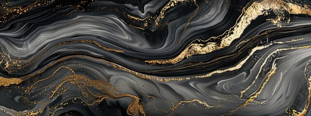 Canvas Print - Black and white liquid marble with gold veins flowing background