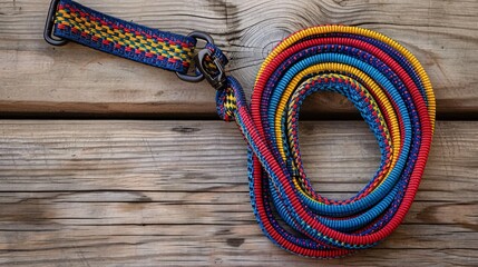 Poster - Illustration of a colorful dog collar and leash neatly arranged on a wooden surface centered with significant empty space on the left Stock Photo with copy space