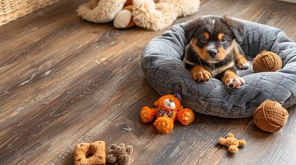 Poster - Detailed depiction of a plush pet bed with a soft blanket and a few dog toys scattered around it centered with empty space around the edges Stock Photo with copy space