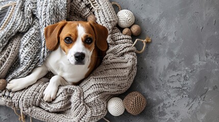 Poster - Detailed depiction of a plush pet bed with a soft blanket and a few dog toys scattered around it centered with empty space around the edges Stock Photo with copy space