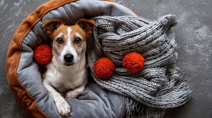 Poster - Detailed depiction of a plush pet bed with a soft blanket and a few dog toys scattered around it centered with empty space around the edges Stock Photo with copy space
