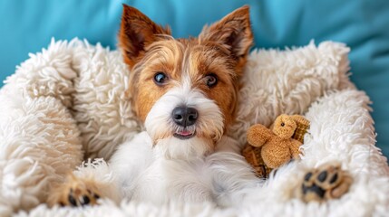 Poster - Detailed depiction of a plush pet bed with a soft blanket and a few dog toys scattered around it centered with empty space around the edges Stock Photo with copy space