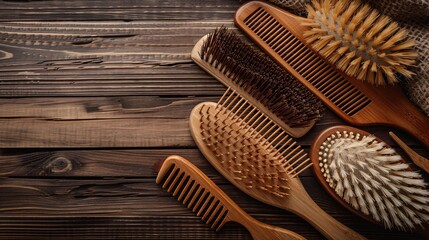 Poster - High-detail drawing of grooming tools including a brush, comb, and nail clippers neatly arranged on a table centered with significant empty space on the left Stock Photo with copy space