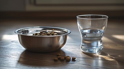Poster - Illustration of a stainless steel food bowl filled with kibble and a water bowl beside it centered with significant empty space on the right Stock Photo with copy space
