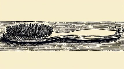 Poster - High-detail drawing of grooming tools including a brush, comb, and nail clippers neatly arranged on a table centered with significant empty space on the left Stock Photo with copy space