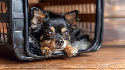 Poster - Illustration of a pet carrier with an open door and a small dog peeking out centered with empty space around the edges Stock Photo with copy space