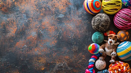 Poster - Detailed depiction of a variety of pet toys including balls, chew toys, and squeaky toys arranged in a flat lay style centered with significant empty space on the right Stock Photo with copy space