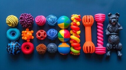Poster - Detailed depiction of a variety of pet toys including balls, chew toys, and squeaky toys arranged in a flat lay style centered with significant empty space on the right Stock Photo with copy space