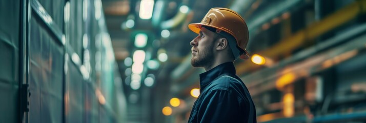 Poster - an experienced male engineer wearing a hardhat oversees activities in a plant, ensuring safety and p