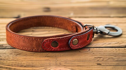 Poster - Illustration of a pet collar with tags and a matching leash neatly arranged on a desk centered with significant empty space on the right Stock Photo with copy space