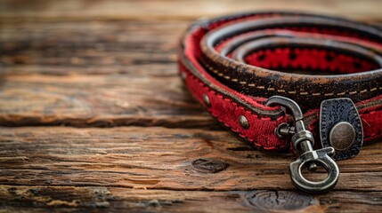 Poster - Illustration of a pet collar with tags and a matching leash neatly arranged on a desk centered with significant empty space on the right Stock Photo with copy space